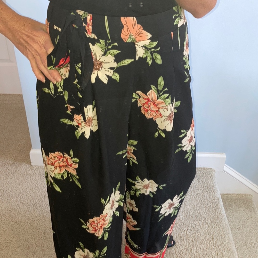 Black Floral Palazzo Wide Leg Pants - Picture 3 of 7